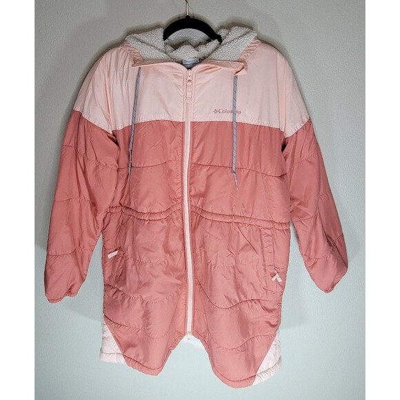Columbia Women’s L Pink Colorblock Sherpa Lined Hooded Puffer Jacket - Picture 1 of 12
